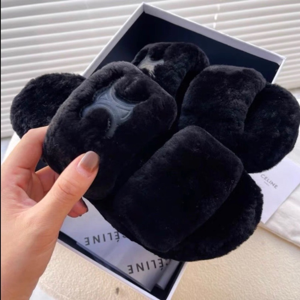 Celine Luxurious Black Fur Slippers